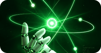 Robotic hand reaching toward an orbital innovation graphic