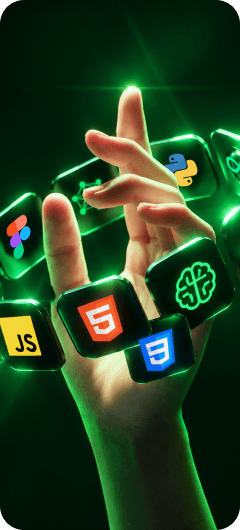 Hand reaching toward glowing technology skill cubes