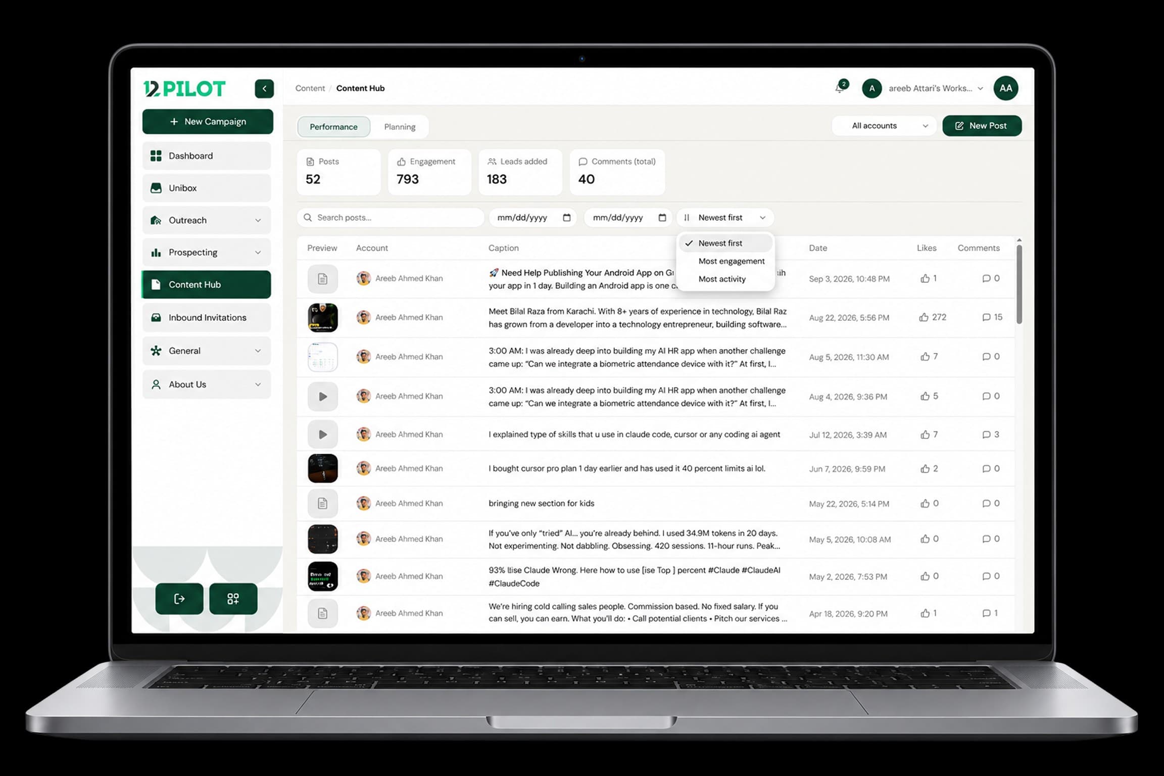 Content Hub — posts and engagement