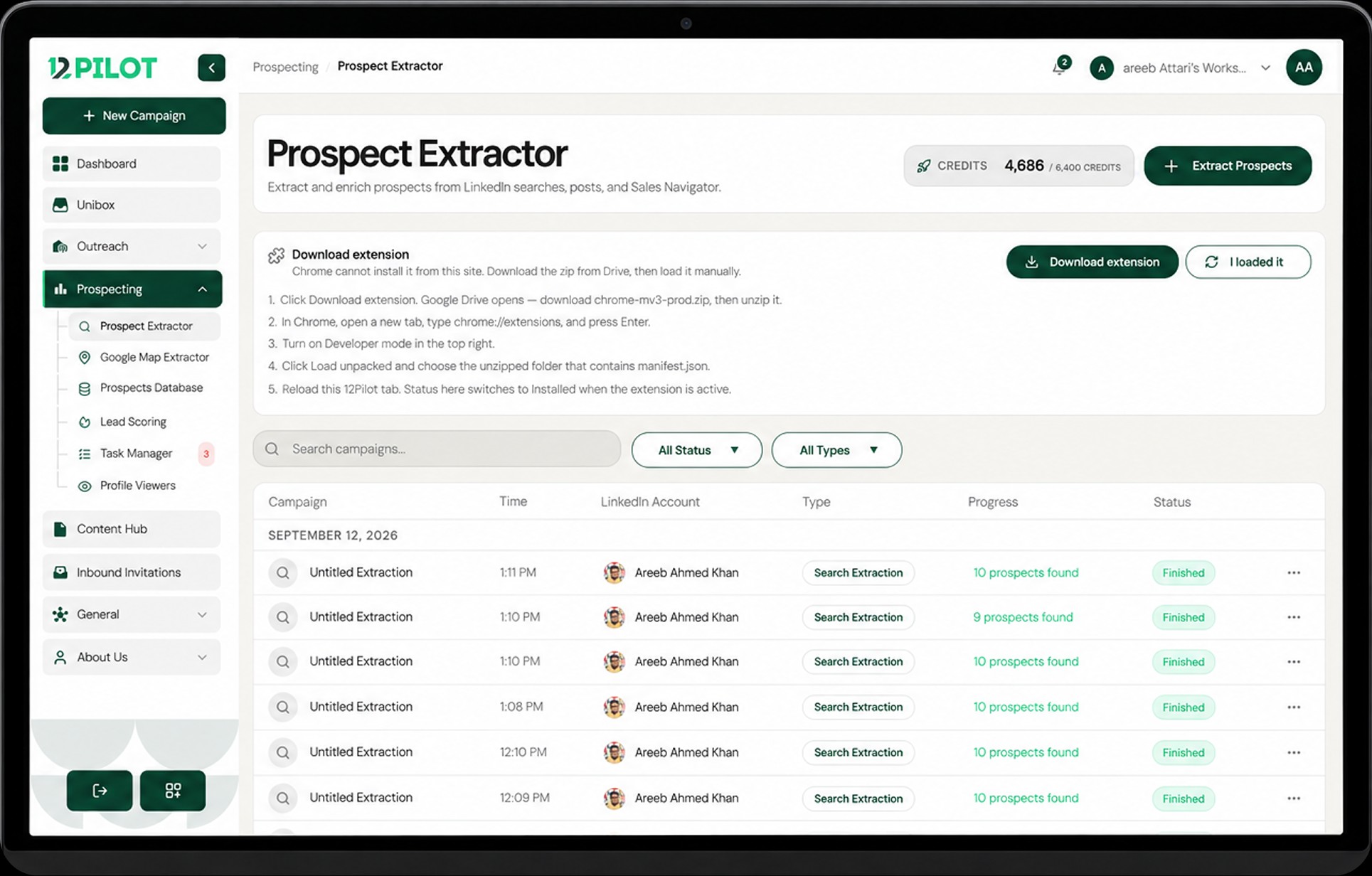 12Pilot Prospect Extractor with Chrome extension install